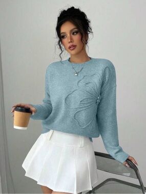 Blue Floral Embroidered Crewneck Sweater